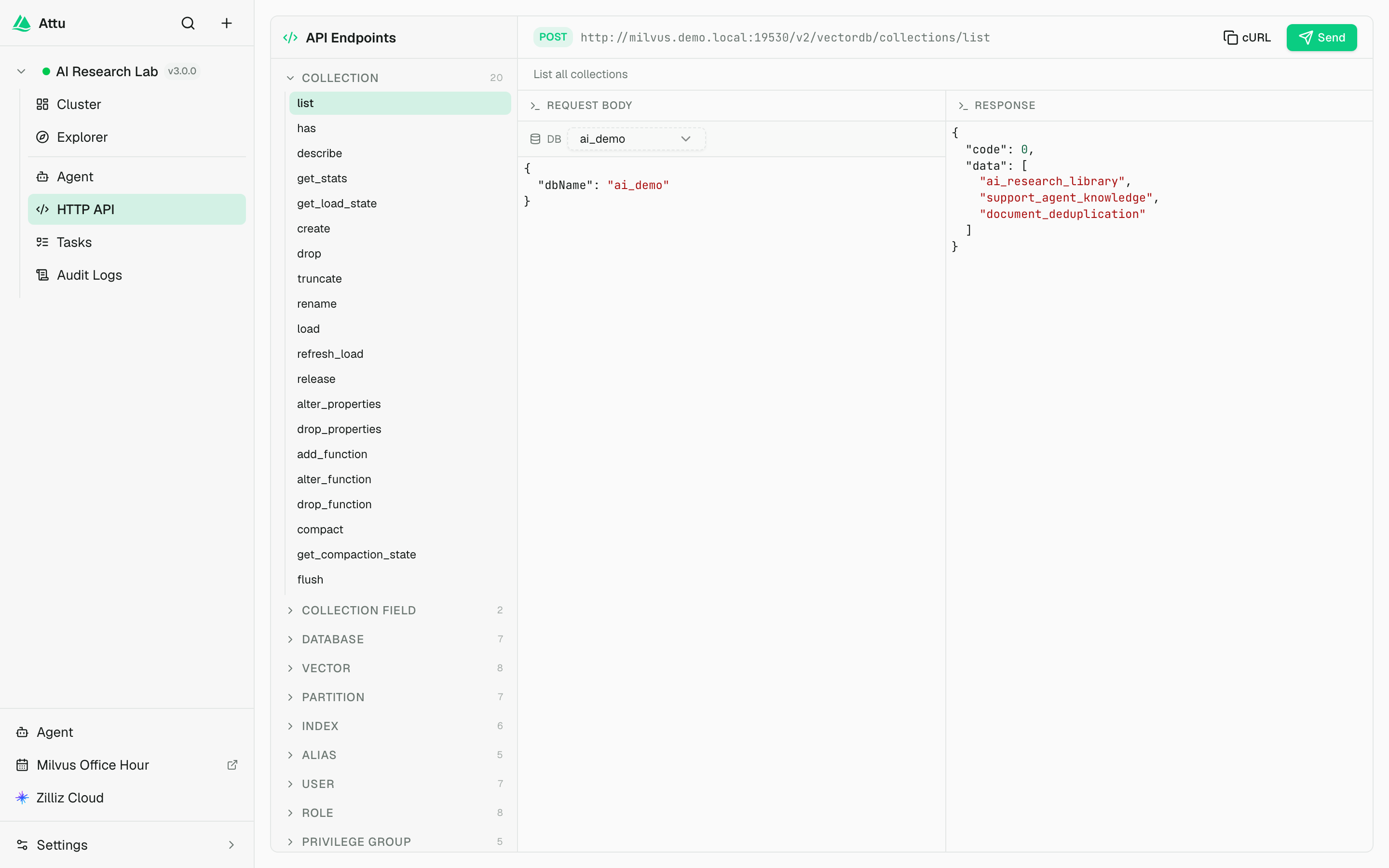 HTTP API Playground with a live collection-list response