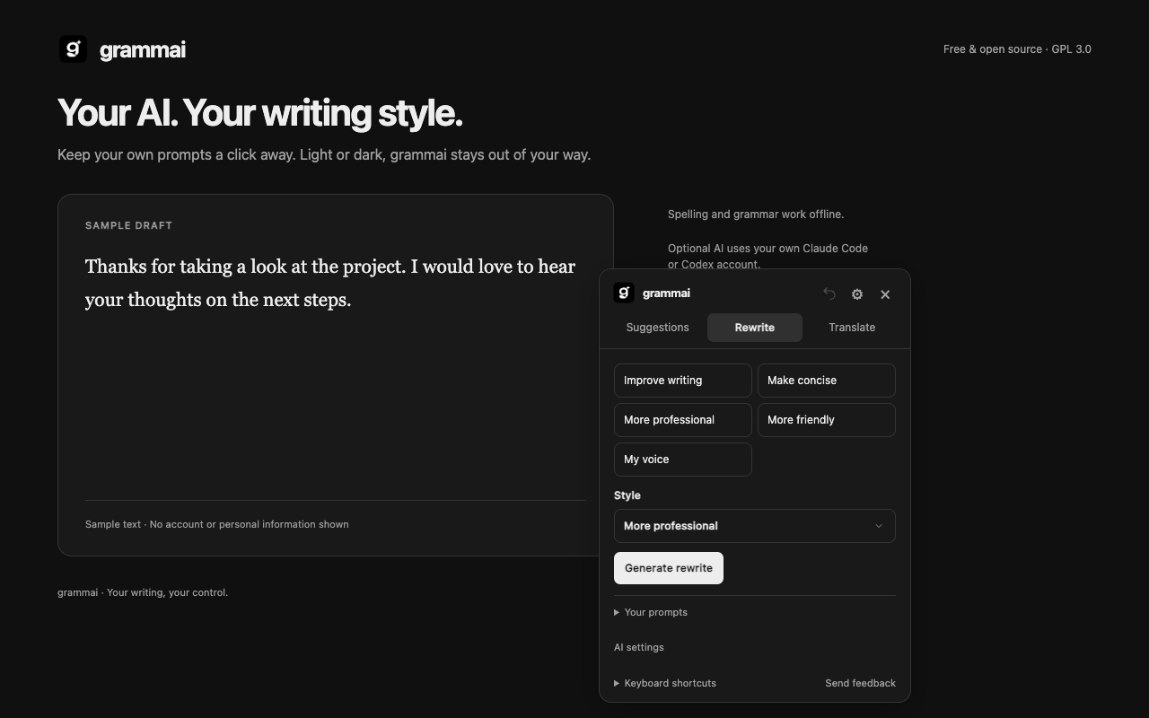 Dark mode rewrite panel with a saved custom prompt