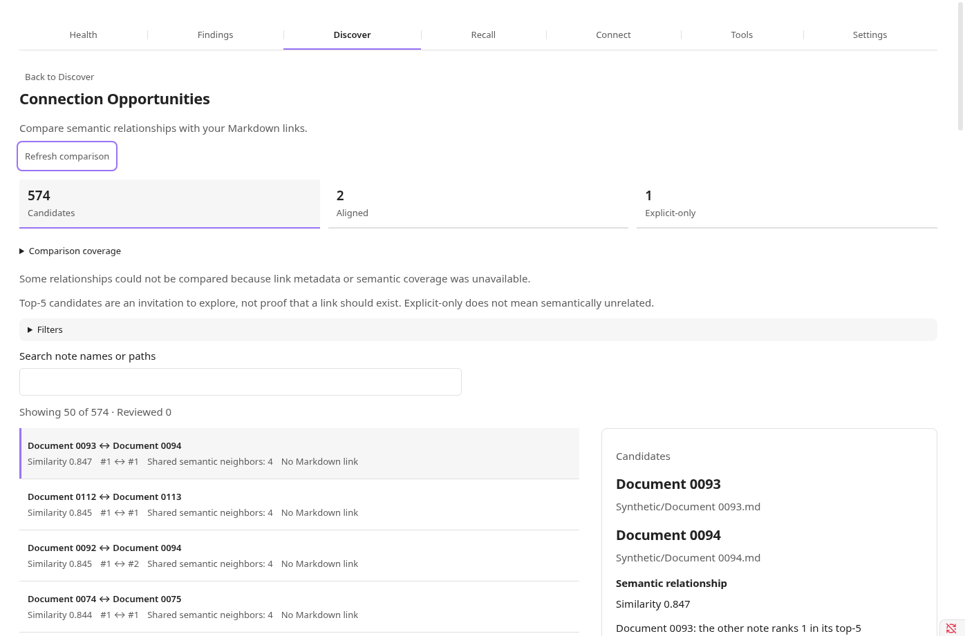 Connection Opportunities with category counts, candidate pairs and semantic evidence