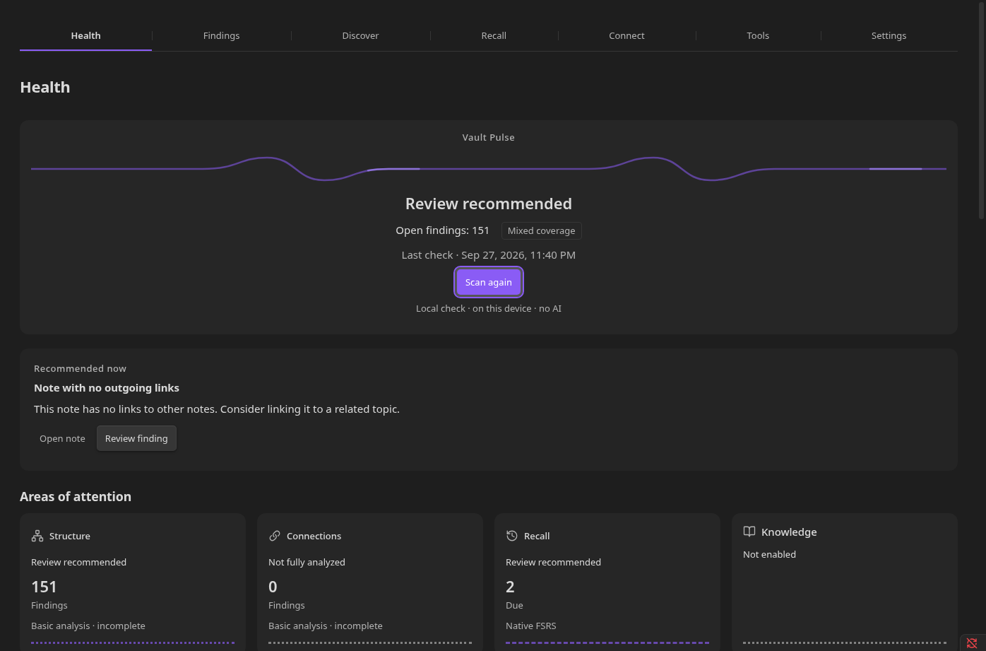 Health dashboard with Vault Pulse, a recommendation and four dimensions