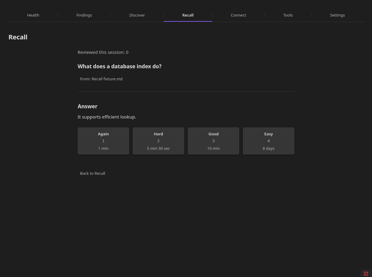 Native Recall review showing an answer and Again, Hard, Good and Easy ratings