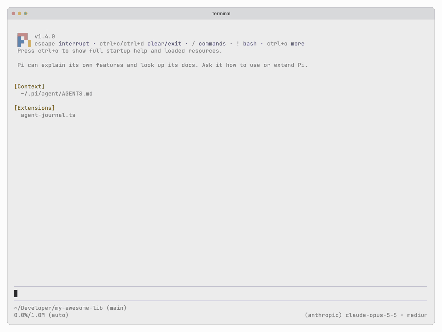 Pi changes a function and writes a journal entry with its journal_write tool. Then a new Pi session finds an older entry with journal_list and journal_read, and answers why an older decision was made