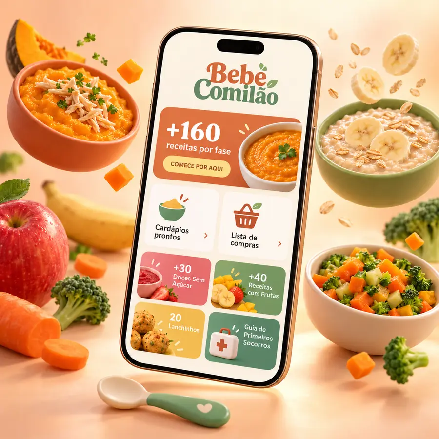 O Cardápio Bebê Comilão aberto no celular: cardápios por fase e receita com o passo a passo