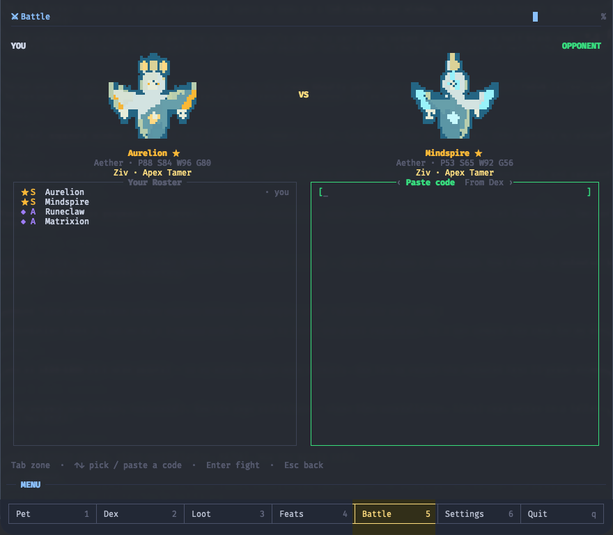 The Battle setup screen: your S-grade Aurelion facing an opponent, with a roster picker and a paste-a-code box