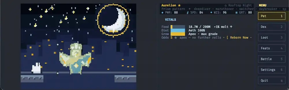 The Token Tamers shell: an S-grade Aurelion shimmering over the Rooftop Night habitat, beside its live vitals panel and the clickable menu rail