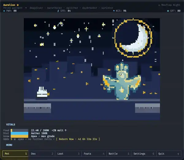 A tour of the shell: the Pet page, the Dex constellation, the Loot collection, the Feats list, and the Battle VS screen