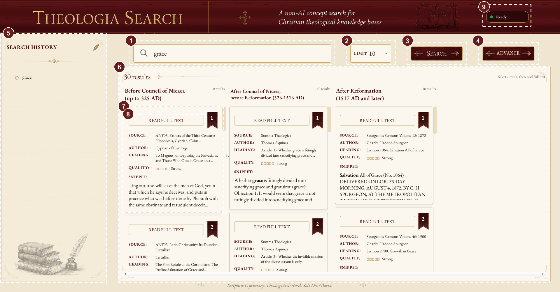 Theologia Search Qt window with numbered dotted callouts