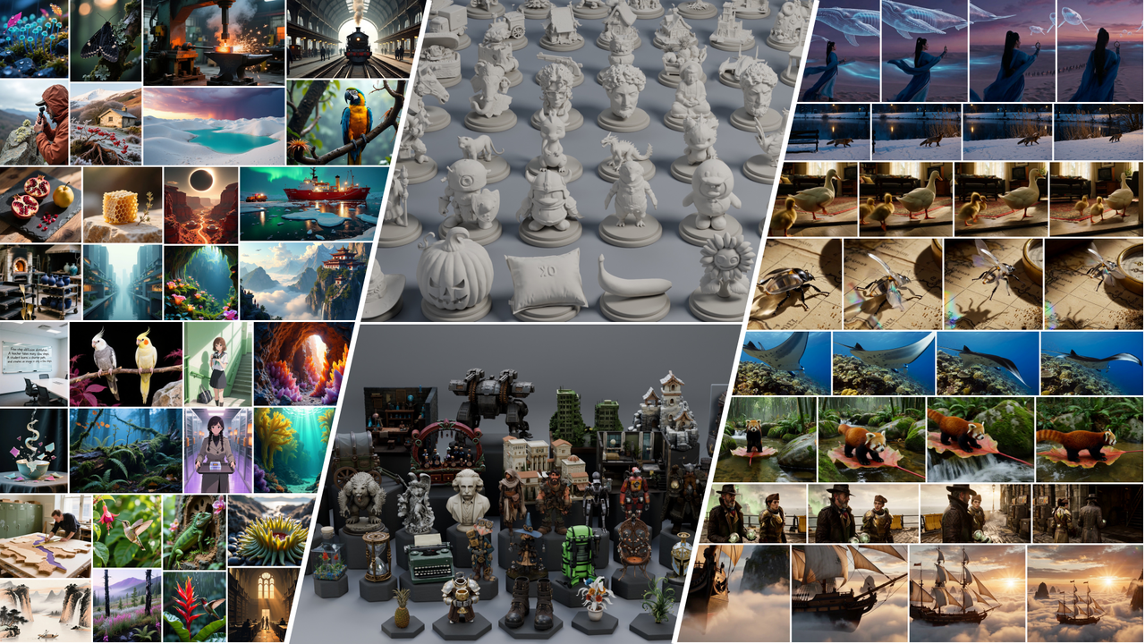 SMD examples: images on the left, 3D assets in the center, and video sequences on the right.