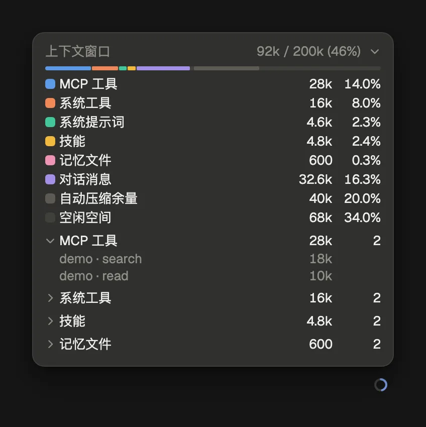 上下文圆环与分解面板 · 深色