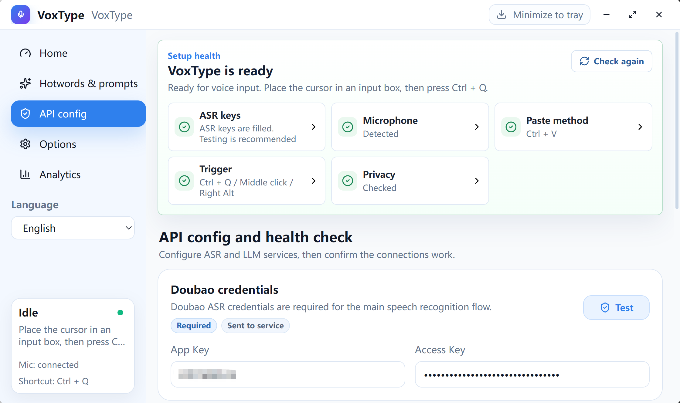 VoxType English API Config and setup health check