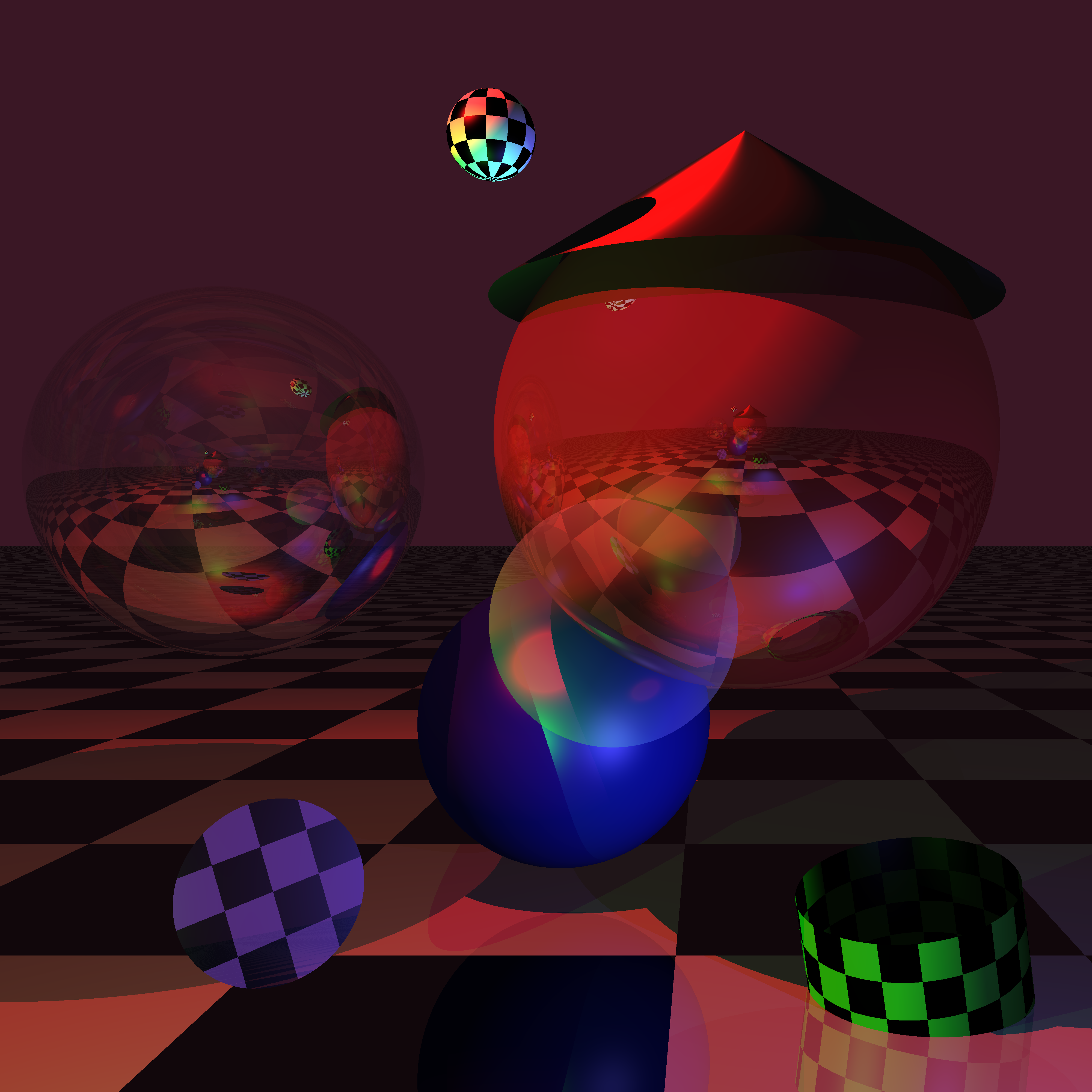 A scene showcasing the various primitives, checkerboard texture and light effects available.