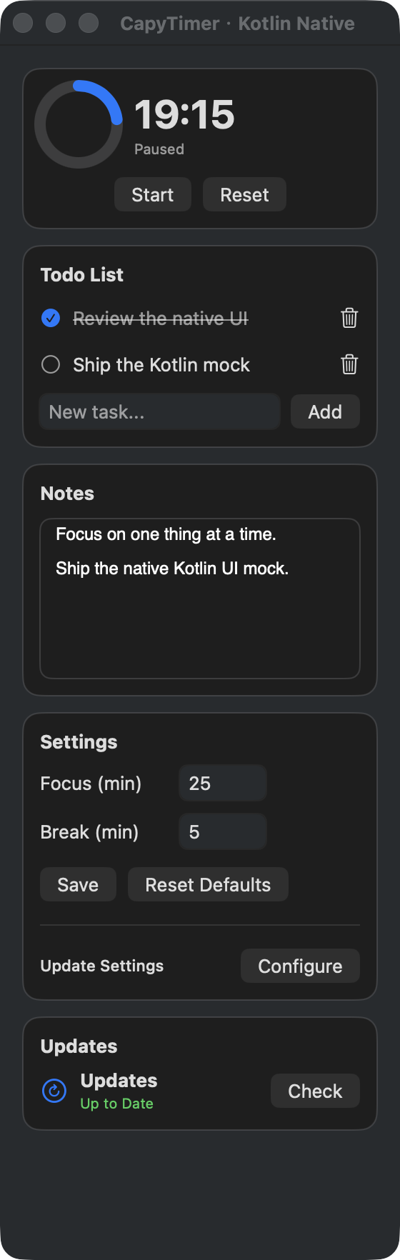 CapyTimer: a native timer, task list, notes editor, and settings