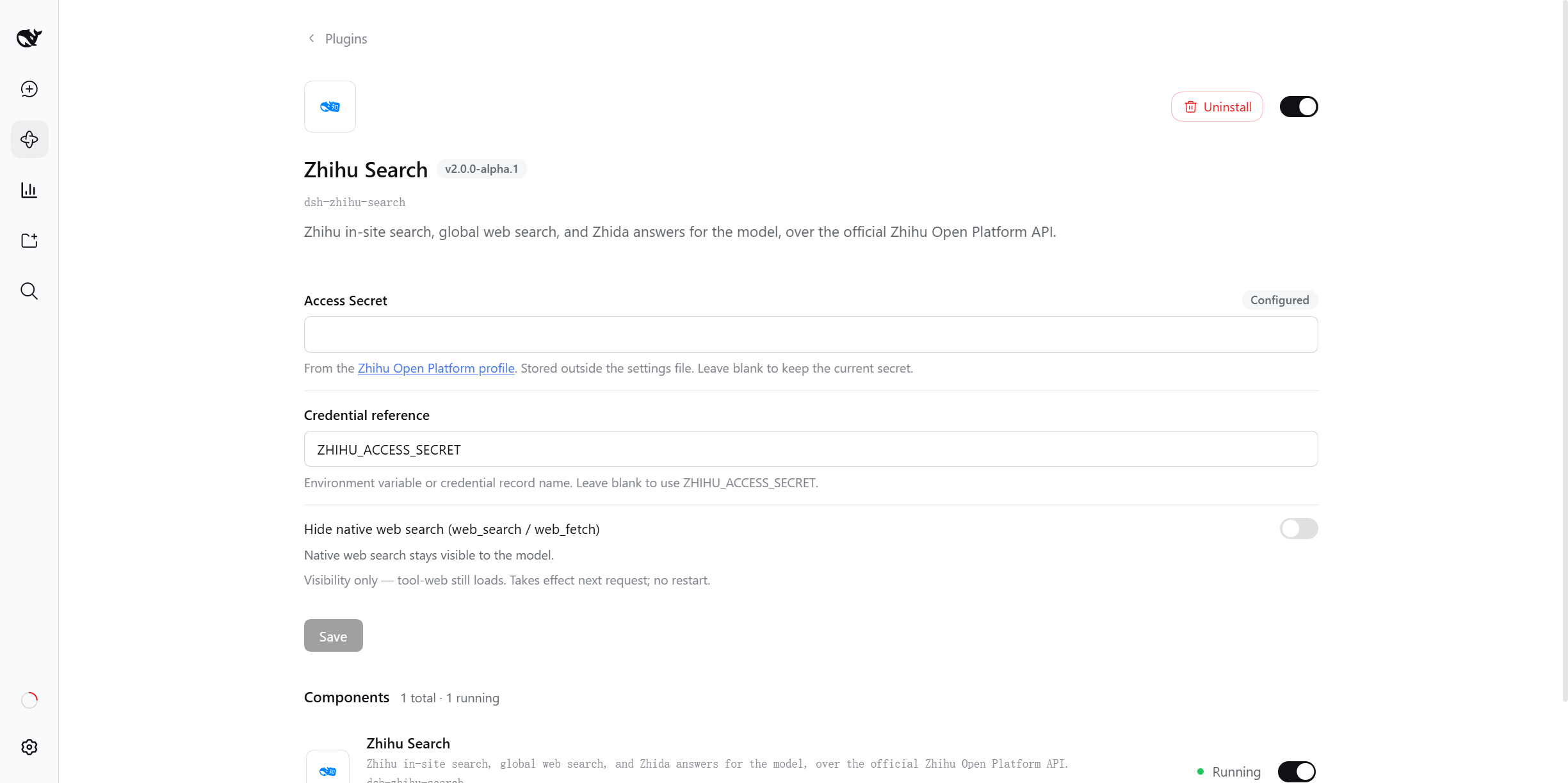 Zhihu Search config card on the plugin page