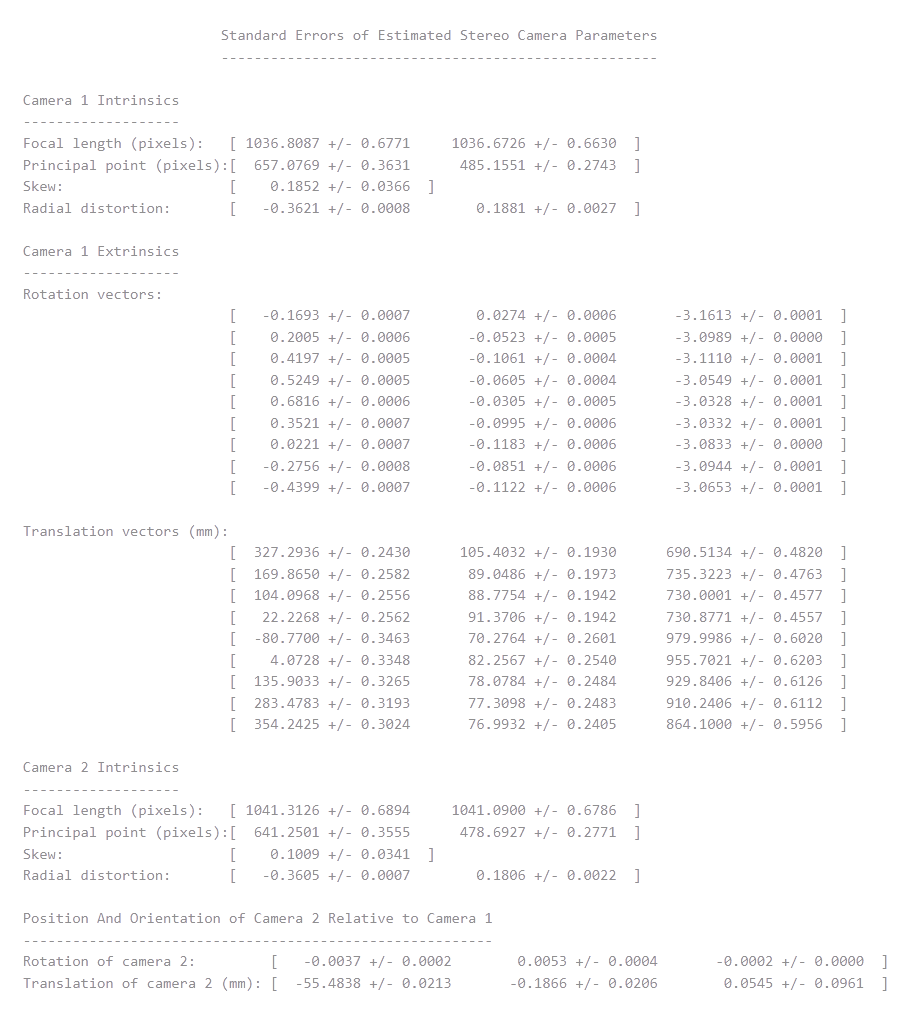 Output 1 - Stereo camera parameters