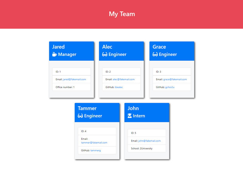 HTML webpage titled “My Team” features five boxes listing employee names, titles, and other key info.