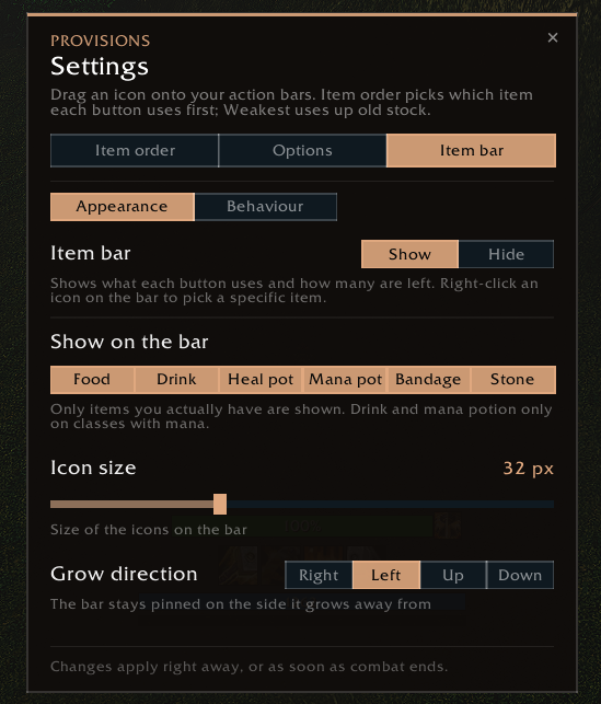 Item bar settings: appearance