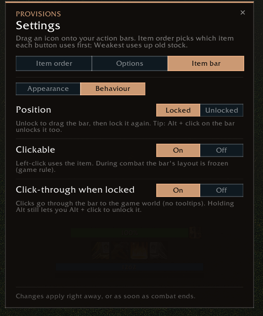 Item bar settings: behaviour