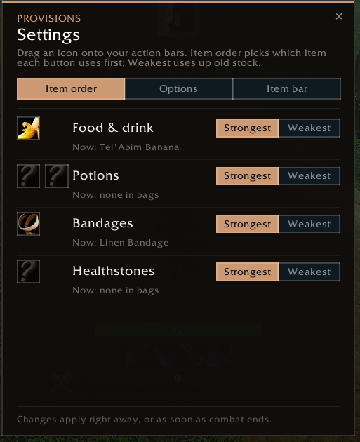 Item order tab with the draggable buttons