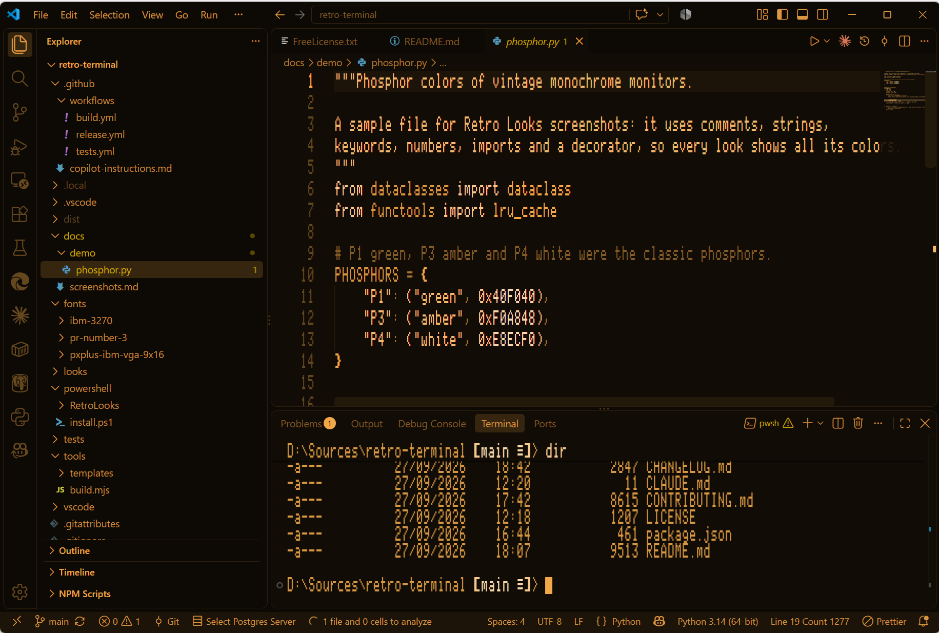 VS Code with the Apple //e look in amber