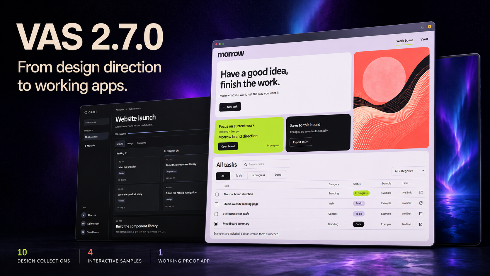 VAS 2.7.0 design collection cover: Morrow and ORBIT interface mockups with Aurora artwork; 10 design collections, 4 interactive samples, and 1 working proof app.
