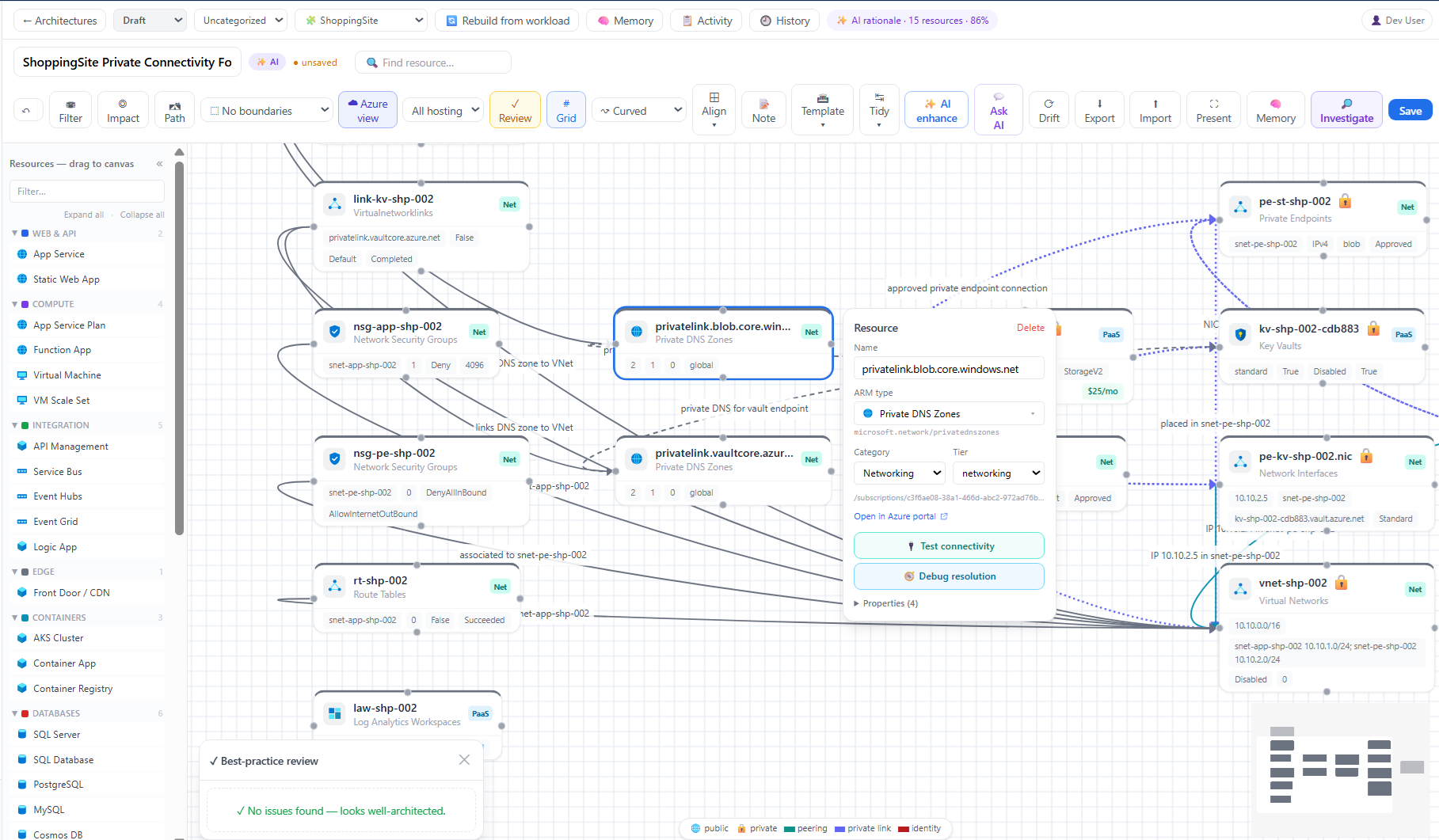 Architecture designer reverse-engineering live Azure resources with AI rationale
