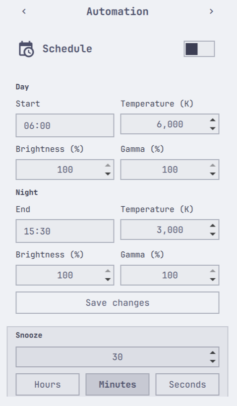 Day/night schedule and snooze controls