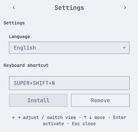 Language and shortcut settings