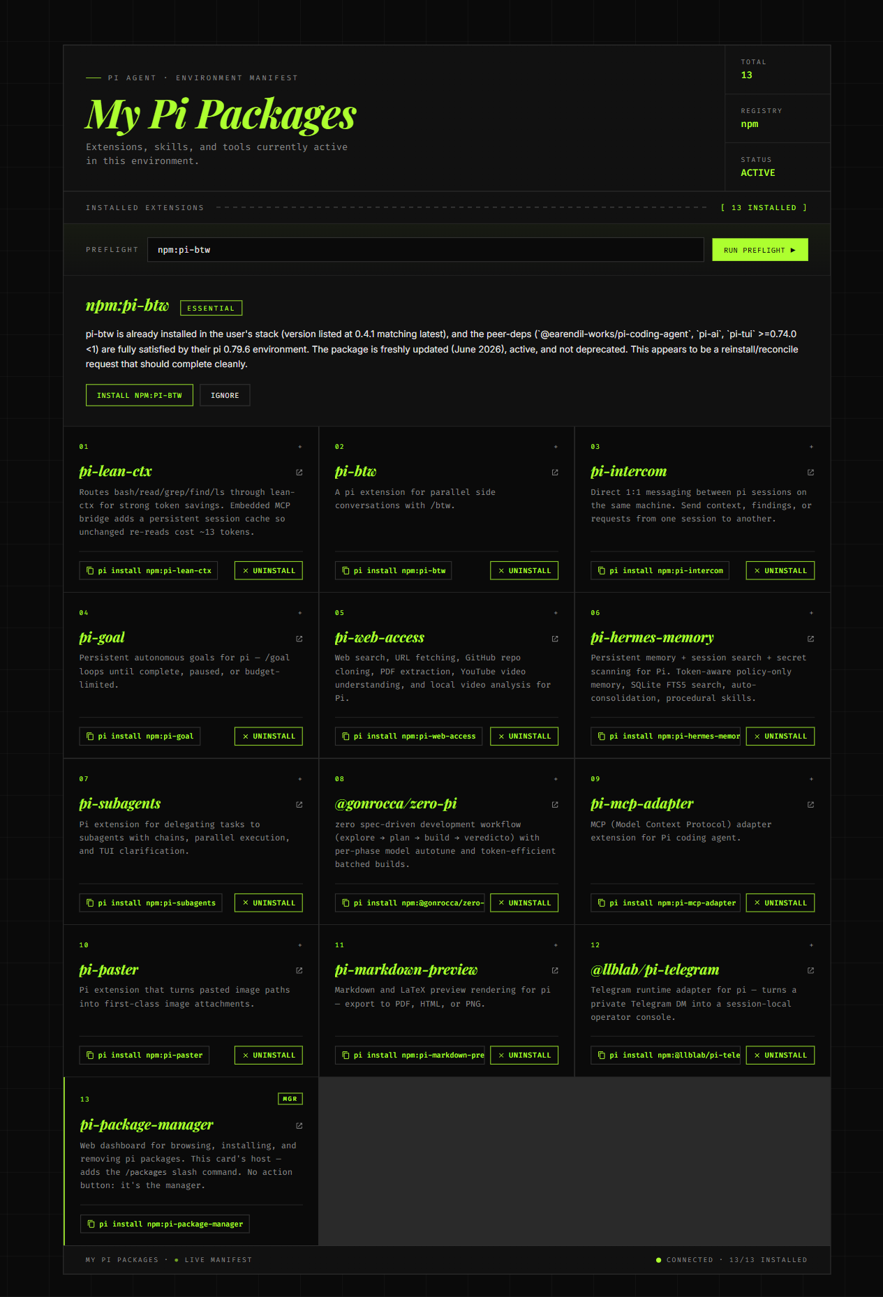 Preflight panel showing an Essential label, reasoning paragraph, and install/ignore actions for npm:pi-btw