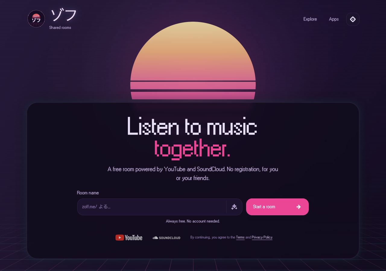 Start a free Zoff room with YouTube and SoundCloud