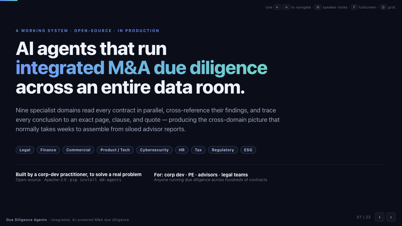 Due Diligence Agents — interactive walkthrough presentation (23 slides)