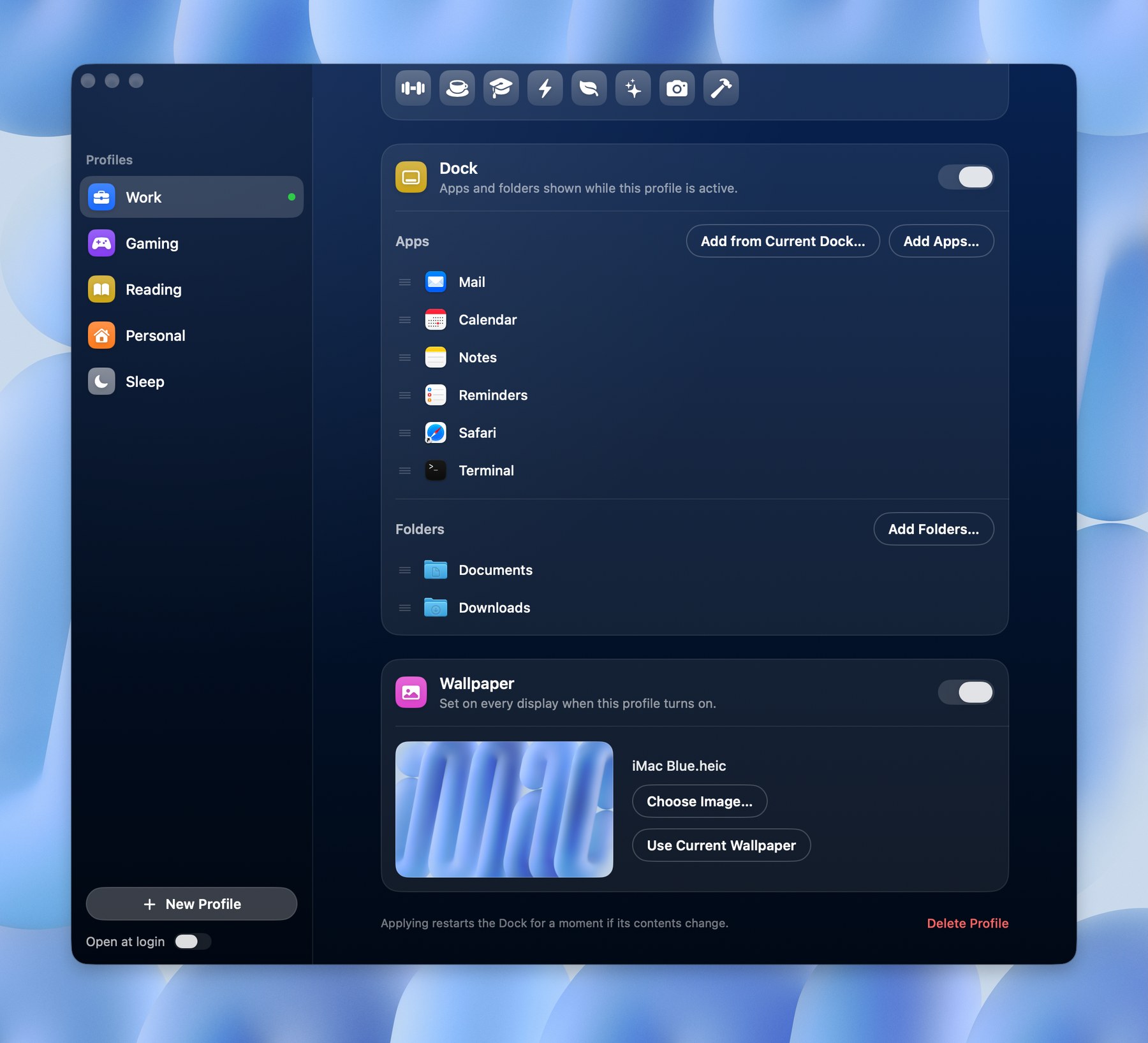 Profile editor: Dock apps, folders and wallpaper