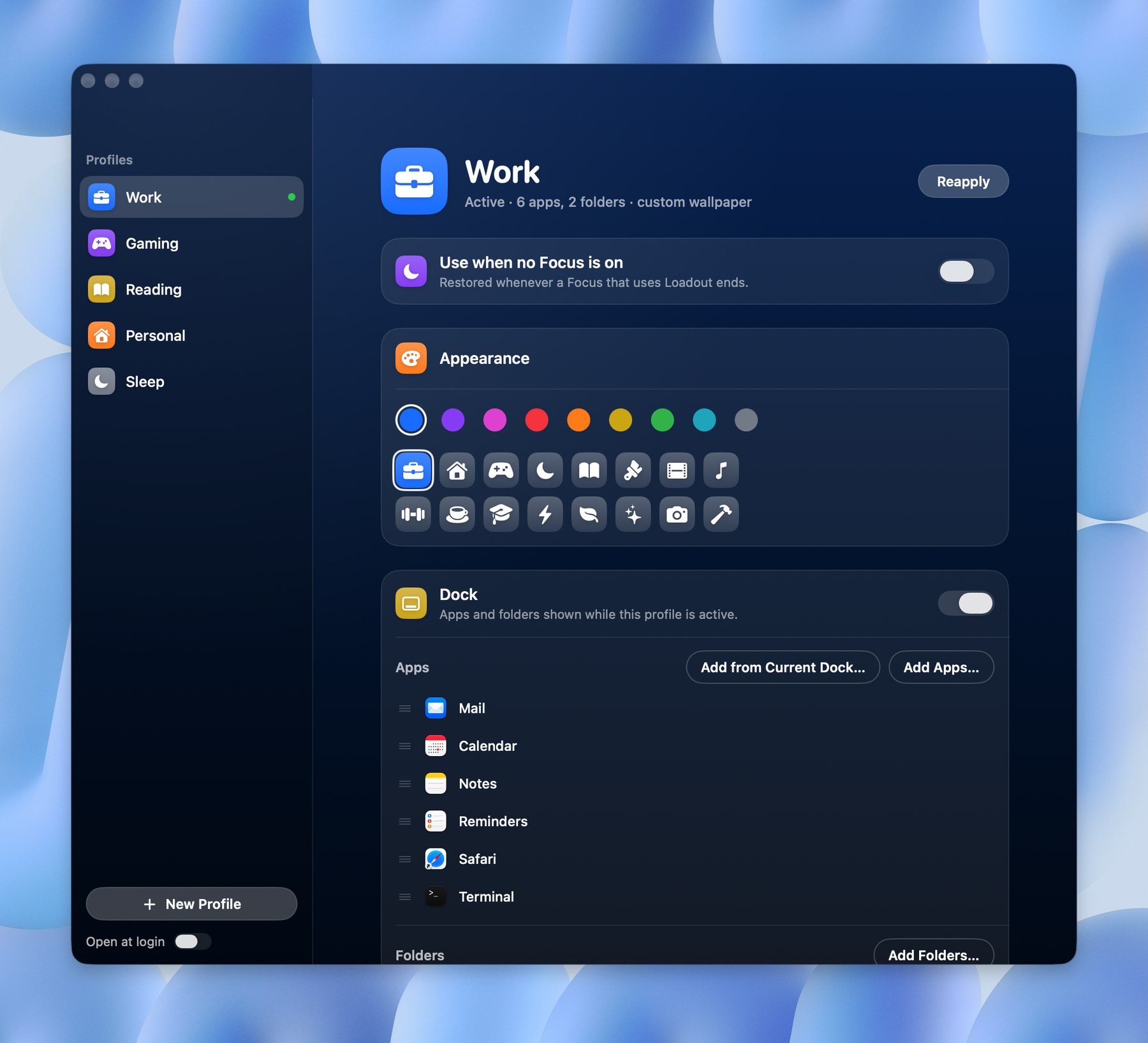 Profile editor: name, colour and icon