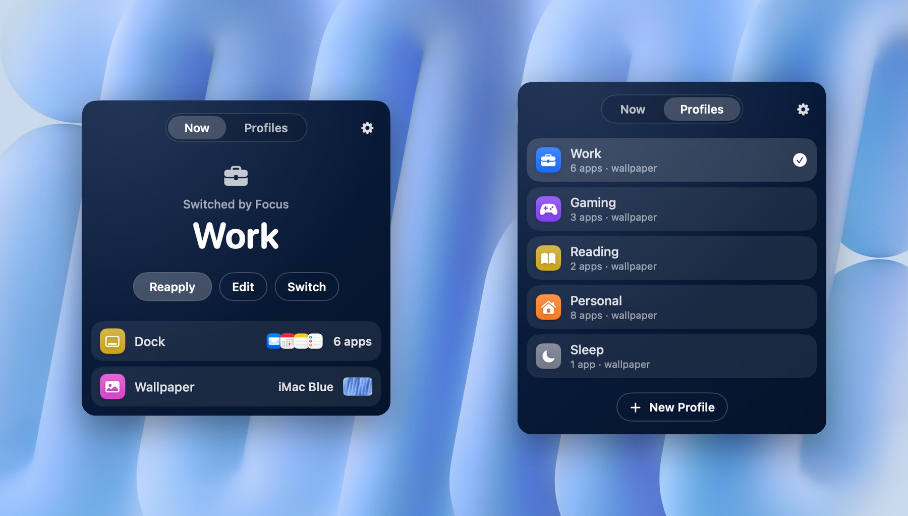 The Loadout menu bar panel: the active Work profile, and the list of profiles