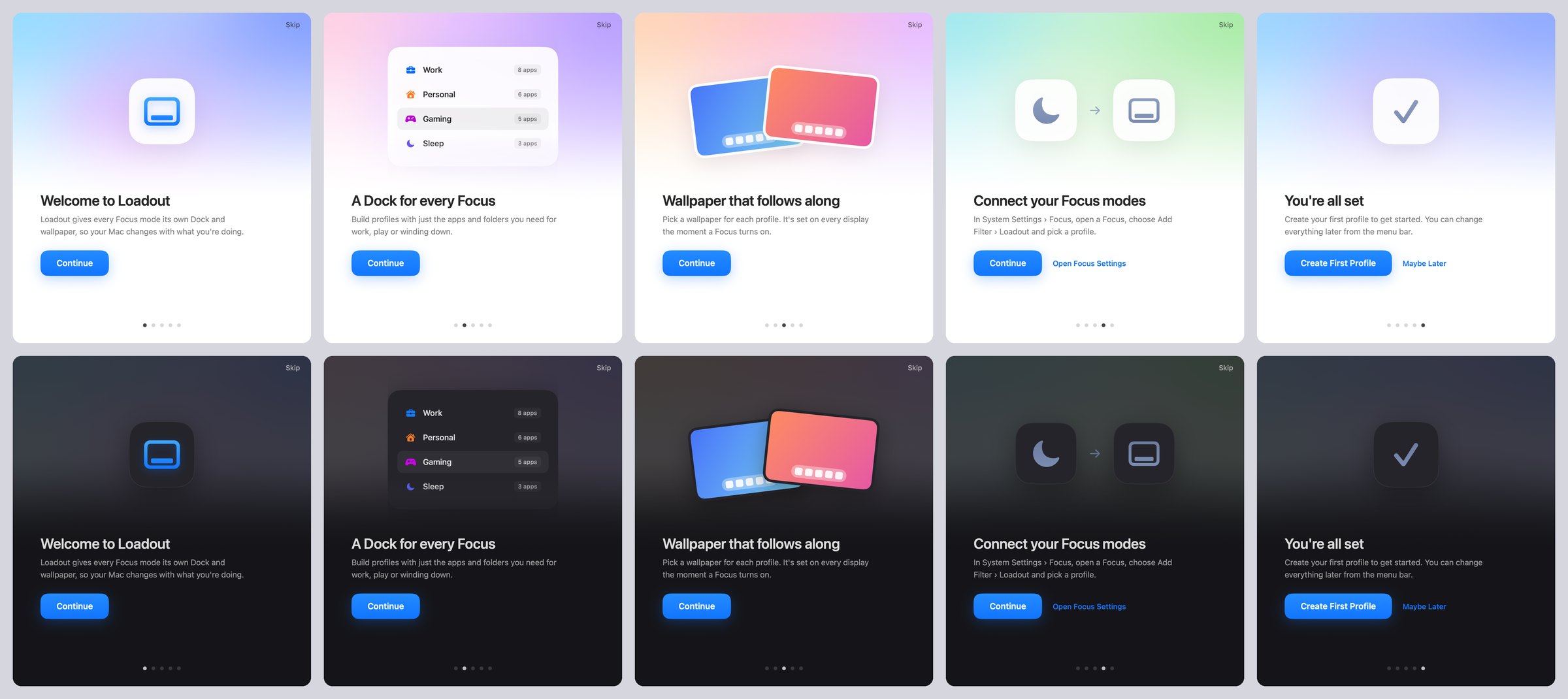 The five welcome screens, in light and dark mode