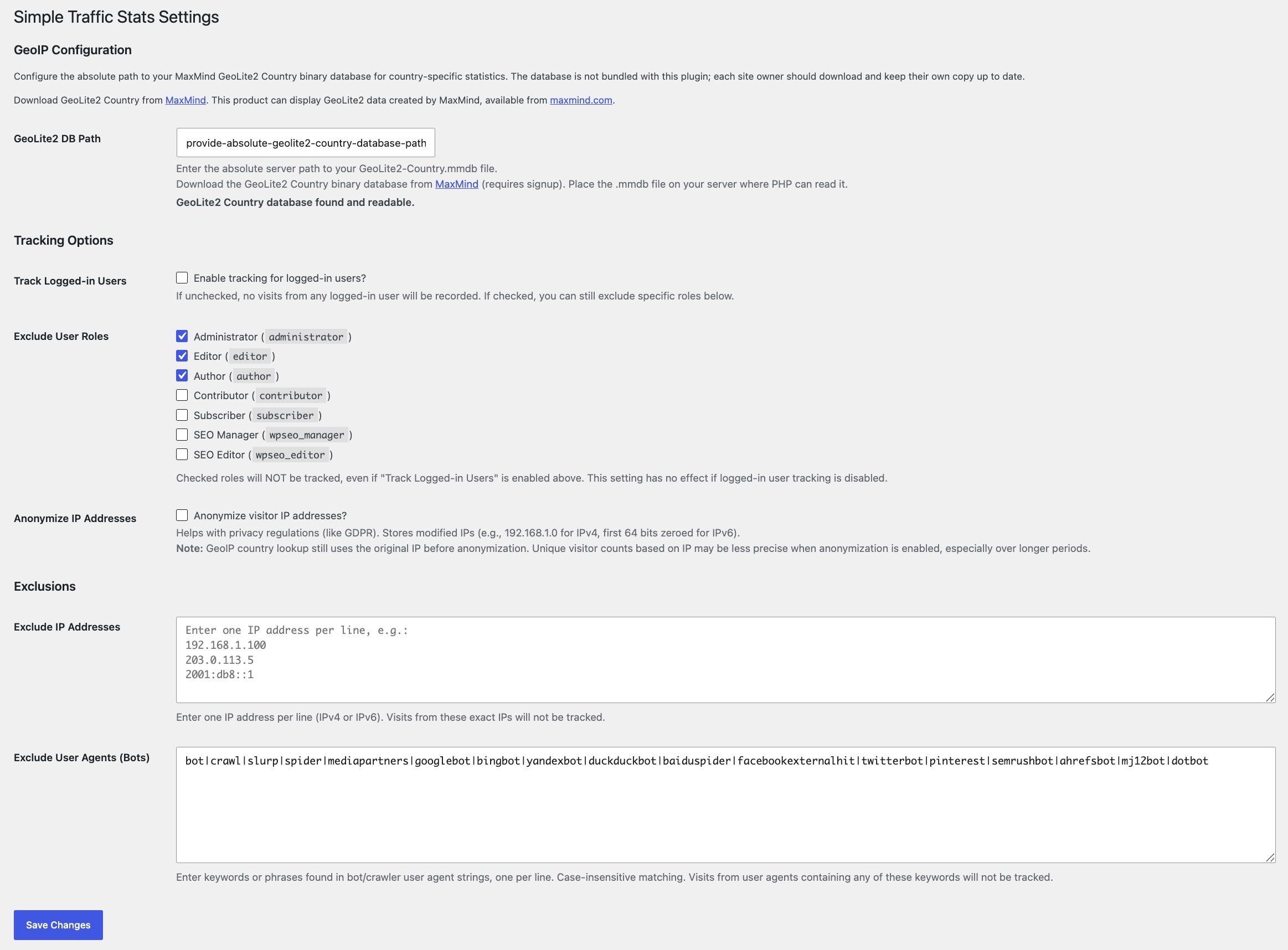 Simple Traffic Stats settings page