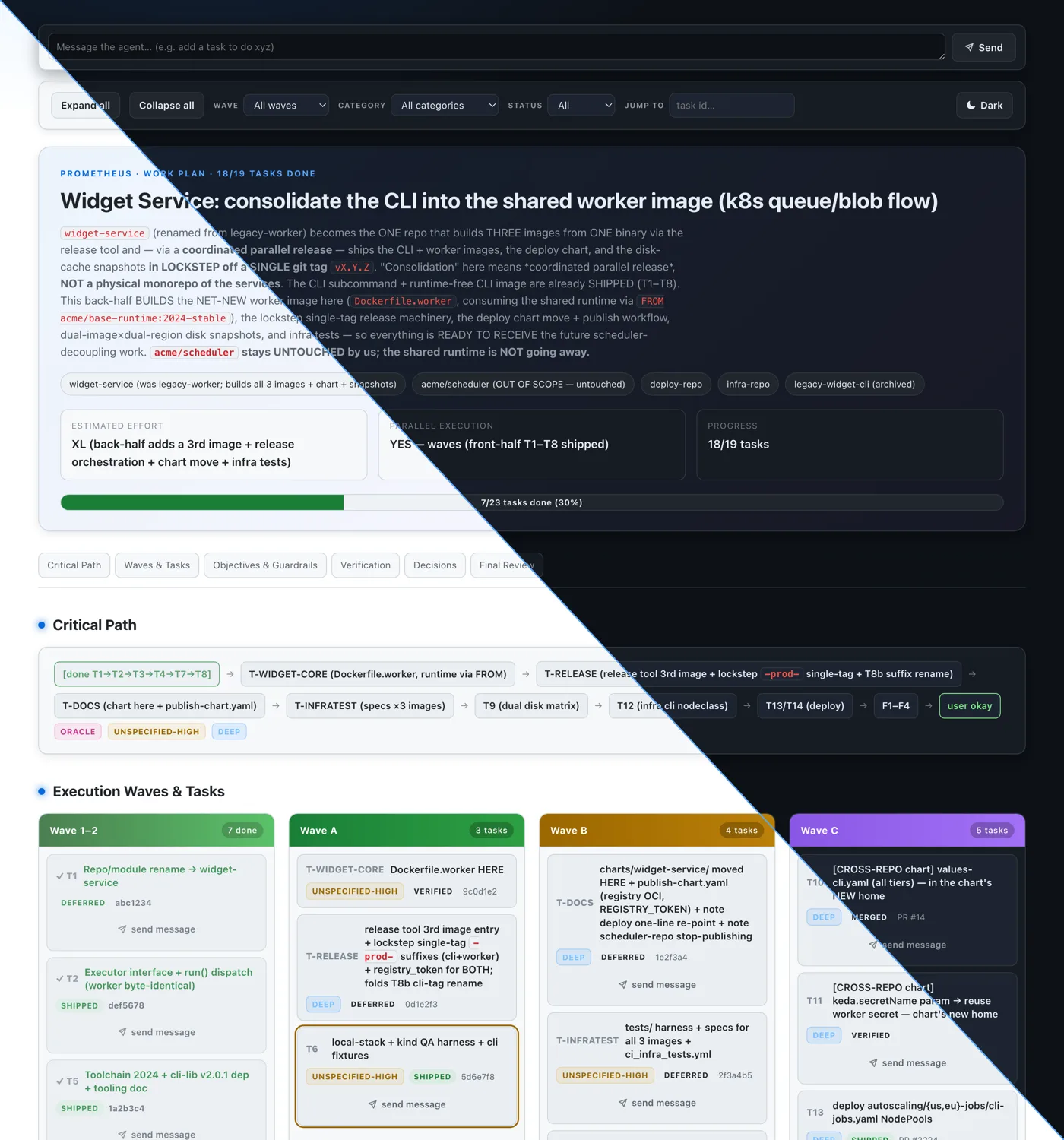 opencode-plan-canvas — dark and light themes, showing the hero, critical path, waves, and the message-the-agent prompt bar