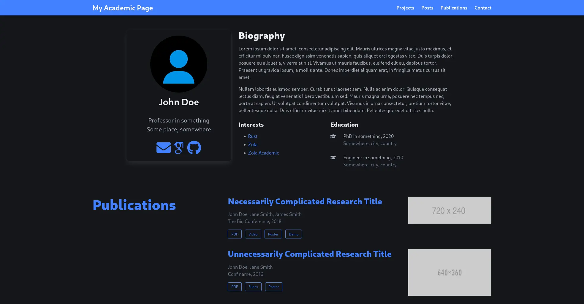 A screenshot of the zola-academic dark theme