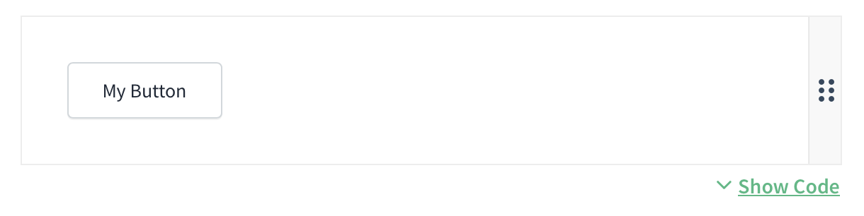 Screenshot showing a rendered button in a resizable bounding box with a Show Code button