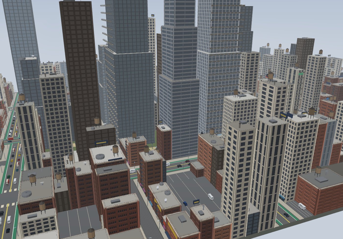 An aerial view of a generated New York-style metro: brick walk-ups with wooden water tanks on their roofs, glass and Art Deco towers, and avenues with traffic, from one compose_world call