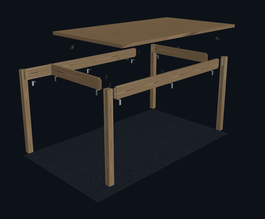 An oak dining table in an exploded view: the top lifted clear, the four aprons pulled out of the legs with their tenons showing, and the angle brackets and screws floating where they fasten, on the World page