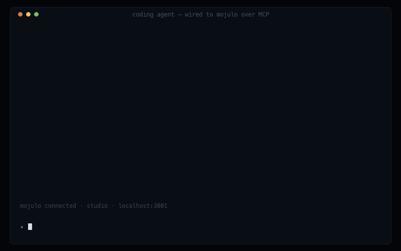A coding agent wired to mojulo over MCP: "build a 20 by 24 ft living room with a door on the south wall" mints a 12-line floorplan recipe, the dashboard shows the furnished room shaded with turnable views and HTML / glb / STL downloads, "add pot lights to the ceiling" edits one field on the same recipe, a couch-facing fix lands in the kernel with the recipe unchanged, and the same recipe renders in Blender Cycles before and after — same seed, same camera