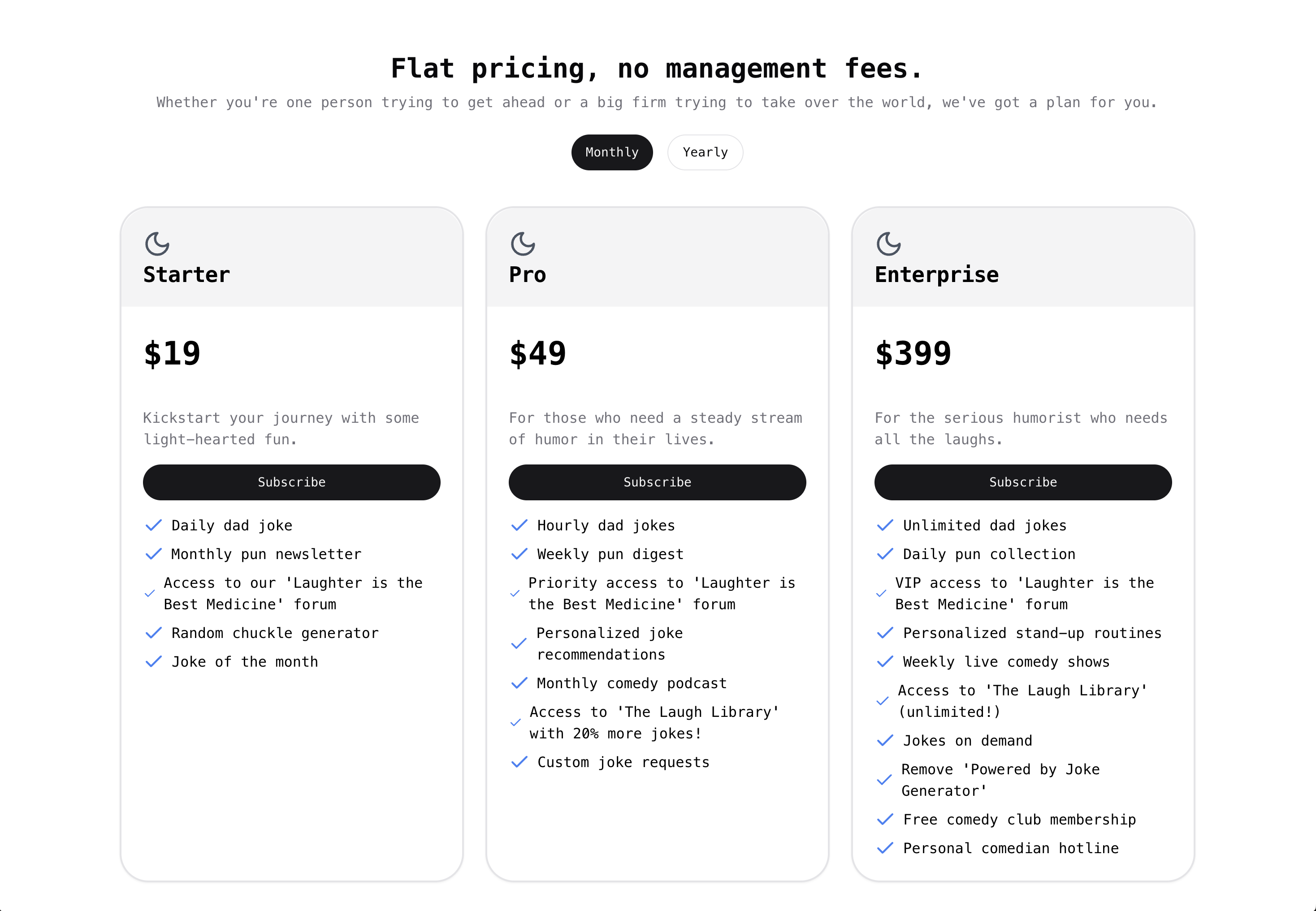 Screenshot of pricing