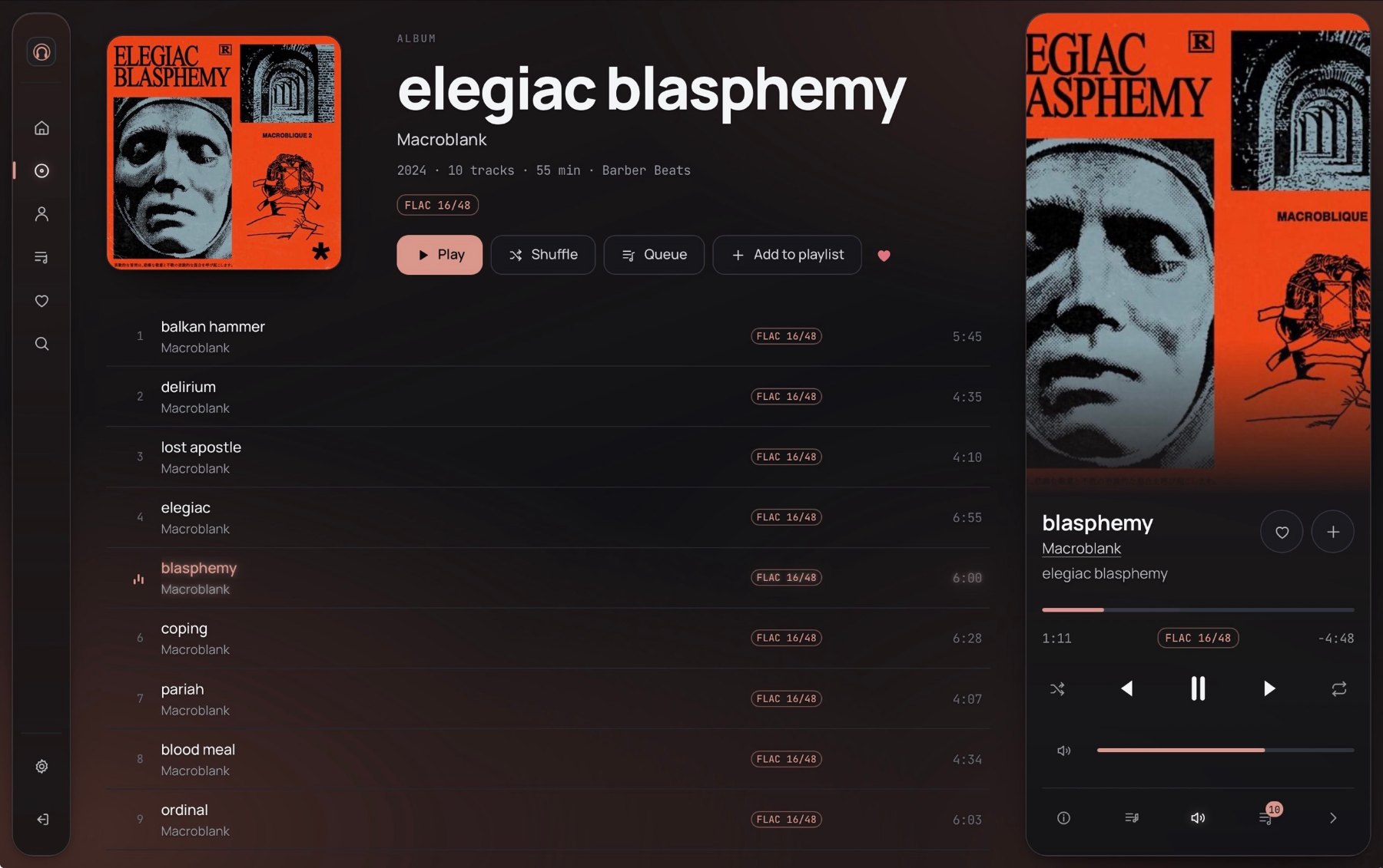 The album view, with the now-playing panel on the right