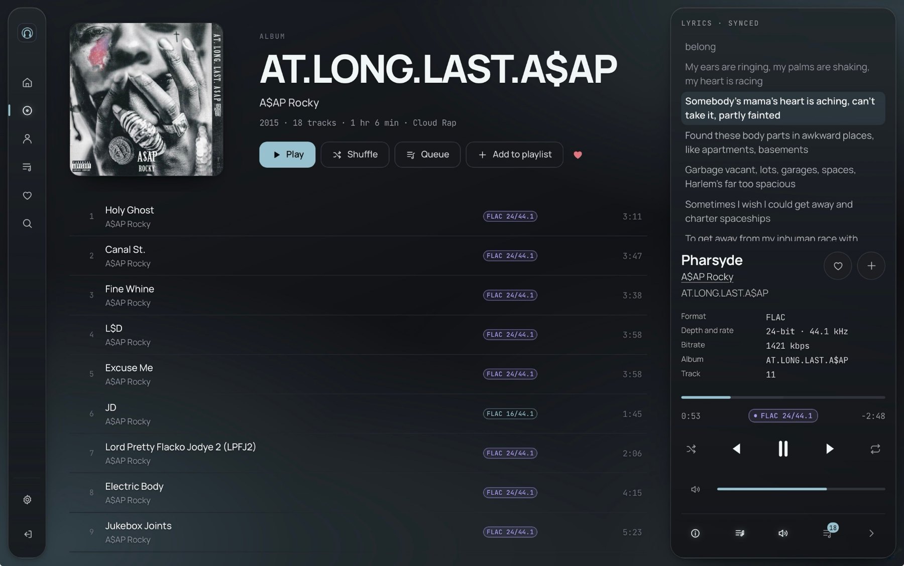 Synced lyrics in the now-playing panel, the current line highlighted