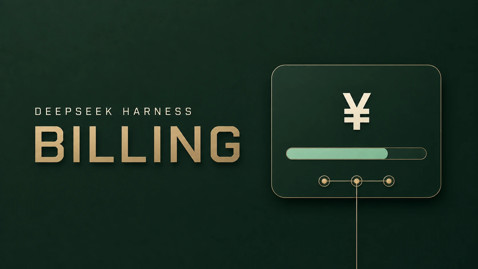 Cover art for @zoytown/dsh-billing: the words DEEPSEEK HARNESS above a large gold BILLING wordmark on a dark green field, beside a rounded card holding a yen sign and a part-filled progress bar