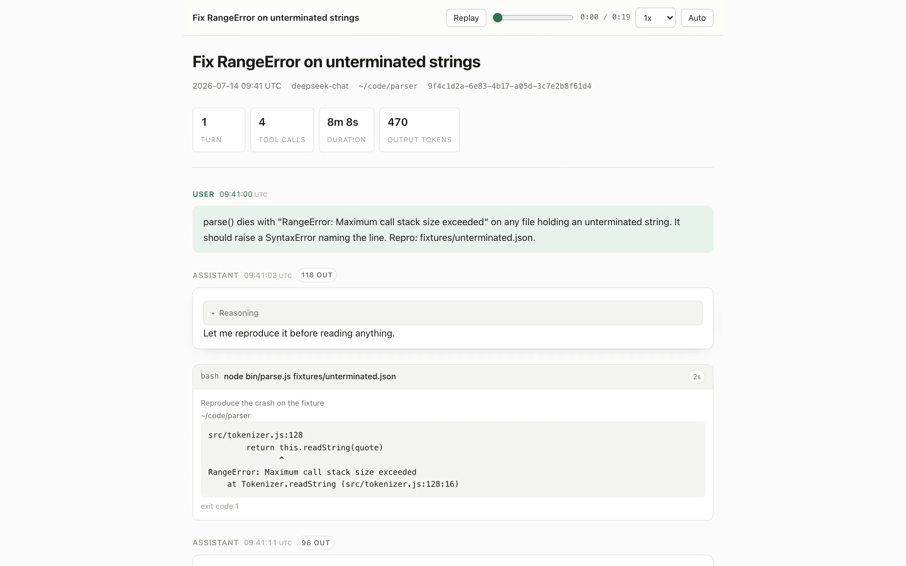 An exported dsh session opened as a standalone HTML page: a "Fix RangeError on unterminated strings" header with a Replay button, scrubber and speed selector, headline stats for turns, tool calls, duration and output tokens, then the transcript itself — a user prompt, an assistant reply with a collapsed Reasoning fold, and a bash card showing the reproduced stack trace and its non-zero exit code
