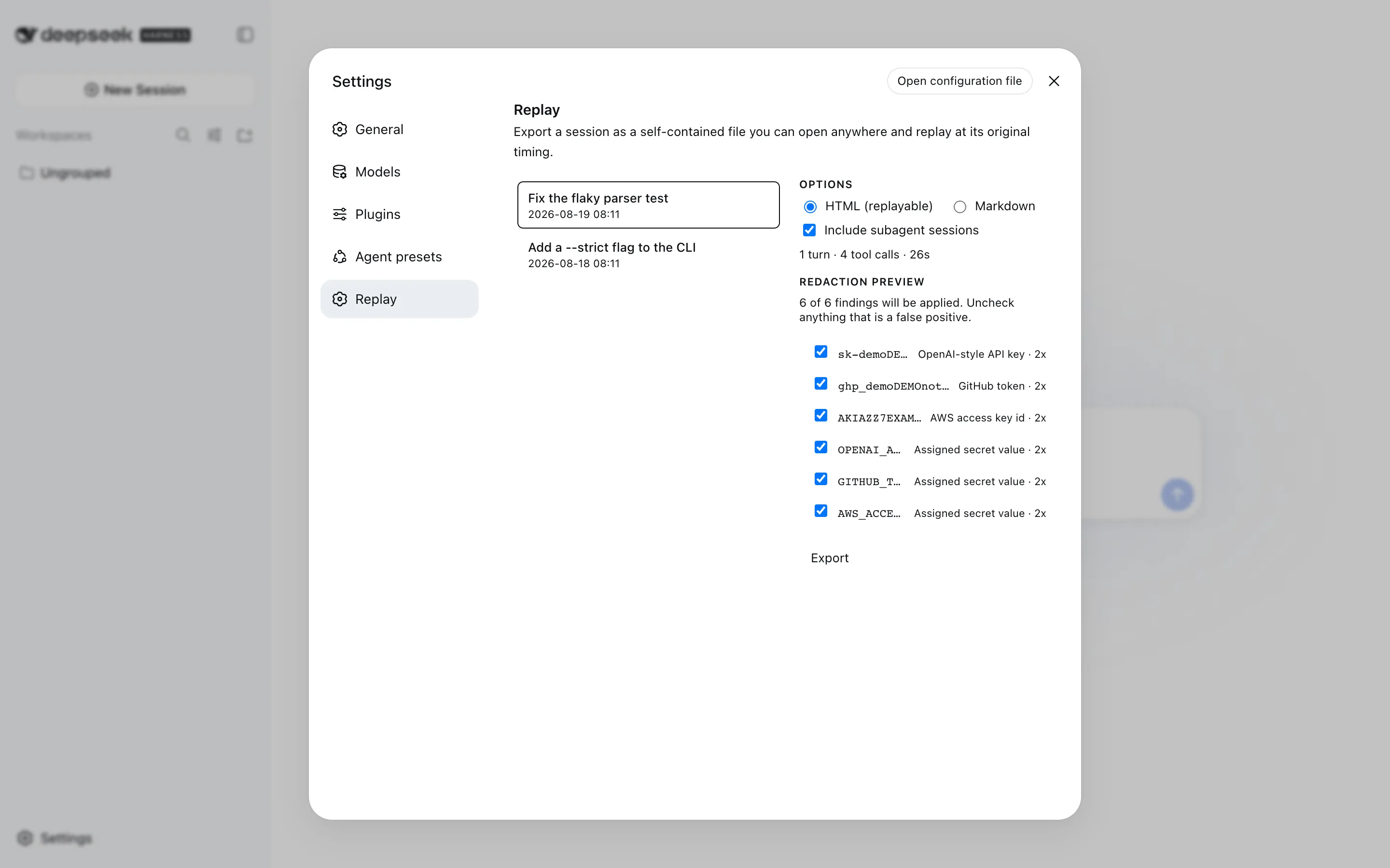 The Replay page in the dsh Settings dialog: Replay sits in the left-hand navigation beside General, Models, Plugins and Agent presets; a session list on the left, and on the right the HTML/Markdown format choice, an "Include subagent sessions" checkbox, session stats, and a redaction preview listing six matched credentials — each with a checkbox so a false positive can be spared before exporting