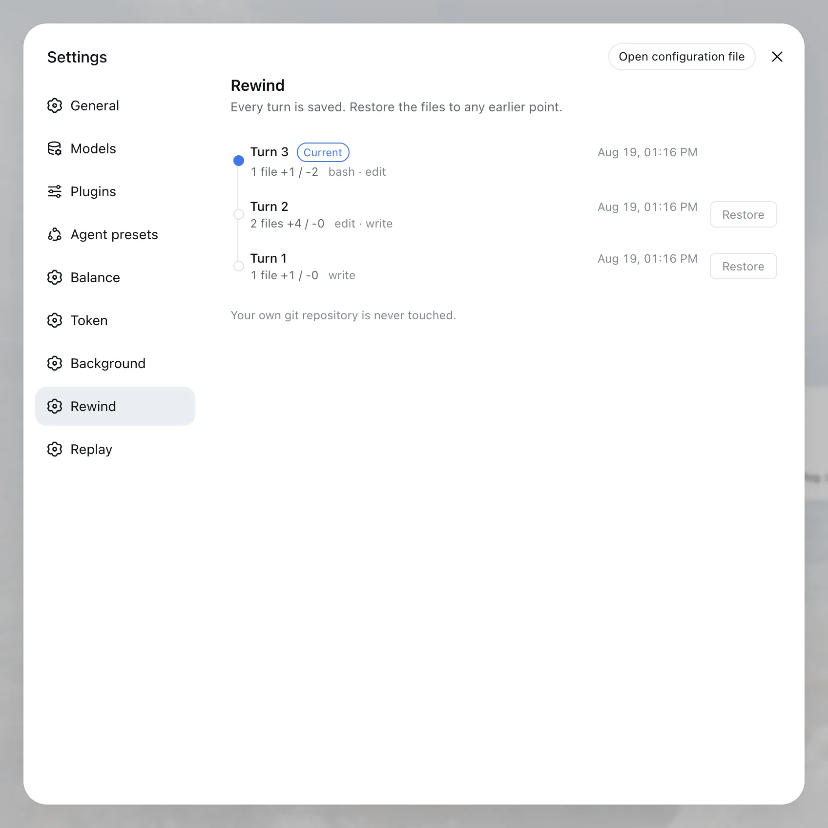 The Rewind page in dsh Settings, listing each turn of a DeepSeek Harness session with the files it changed and a Restore button