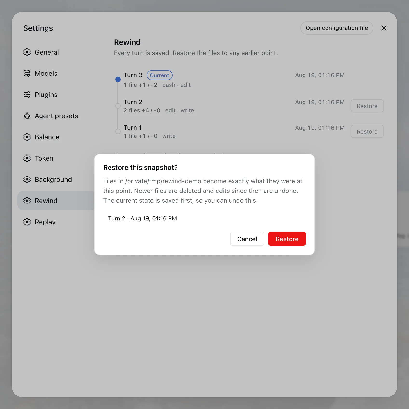 The dsh Rewind confirmation dialog, warning that newer files will be deleted before restoring a snapshot