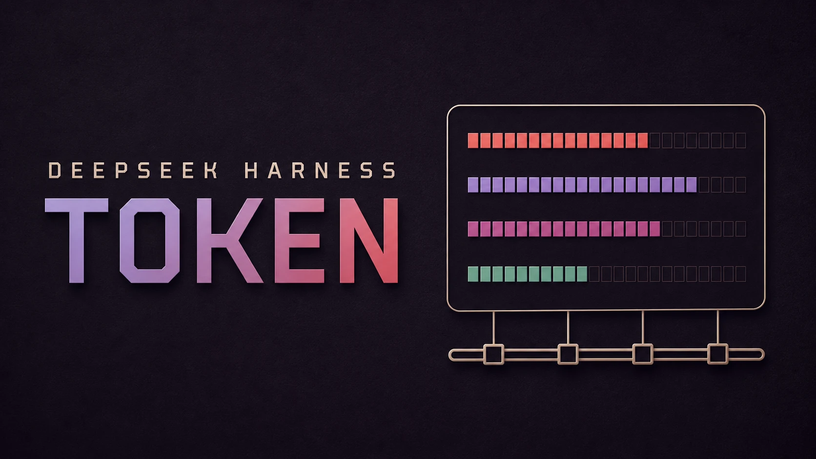 Cover art for @zoytown/dsh-token: the words DEEPSEEK HARNESS above a large TOKEN wordmark in a violet-to-red gradient on a near-black field, beside a gold-outlined panel showing four rows of coloured blocks filled to different lengths